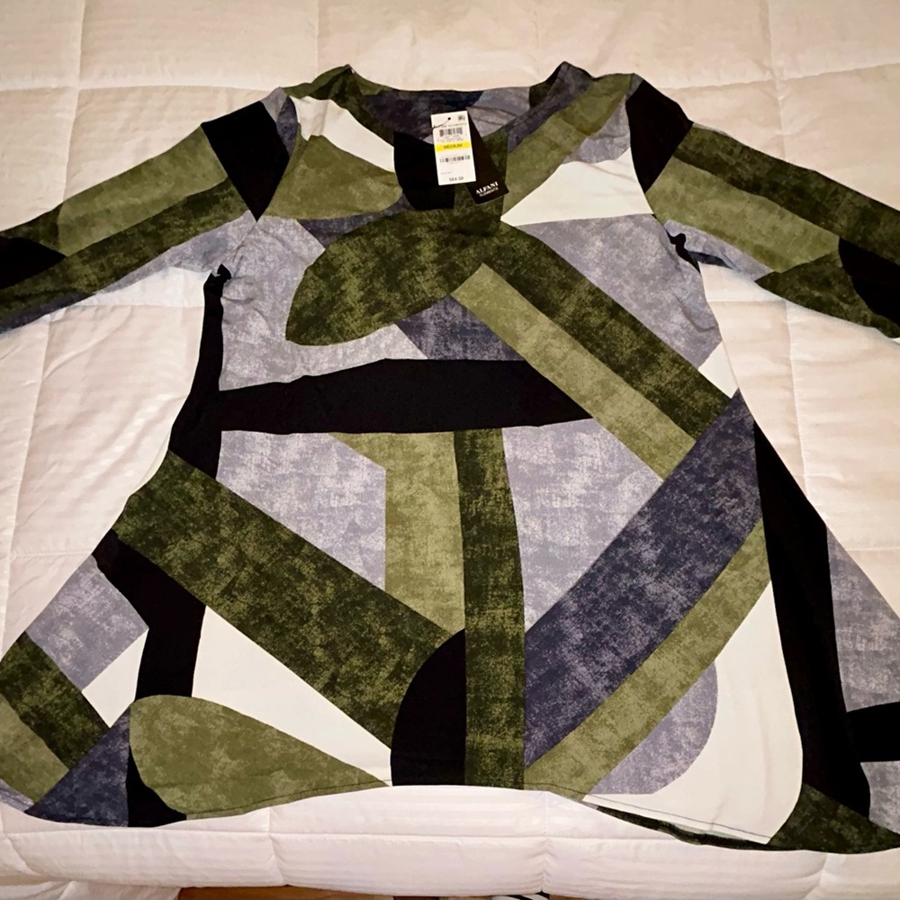 Alfani Green Black Graphic 3/4 Sleeve Blouse